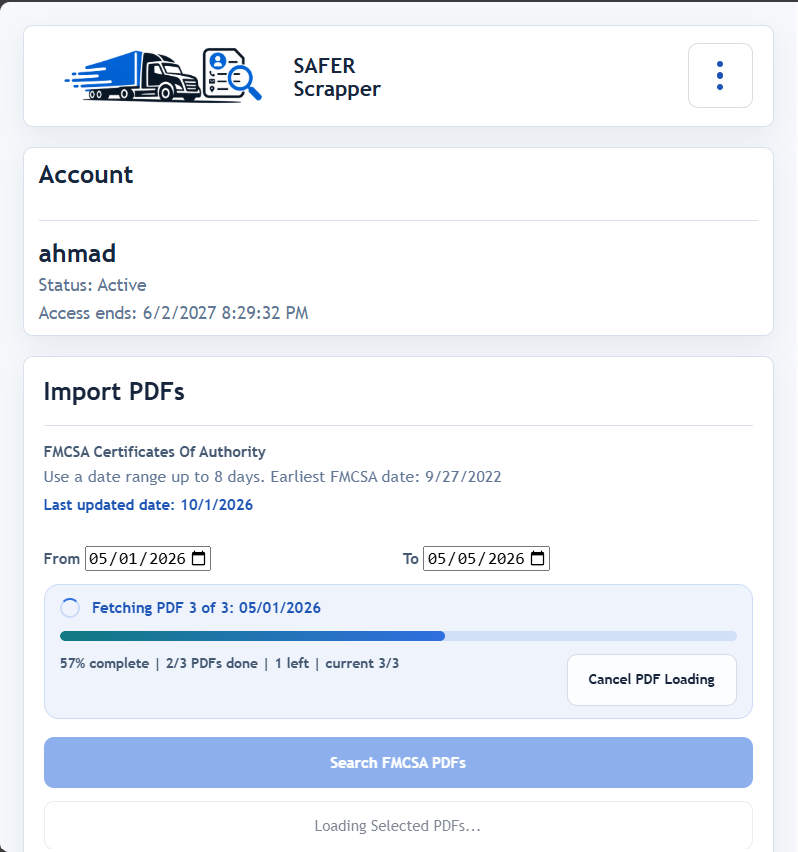 FMCSA PDF date search and import progress